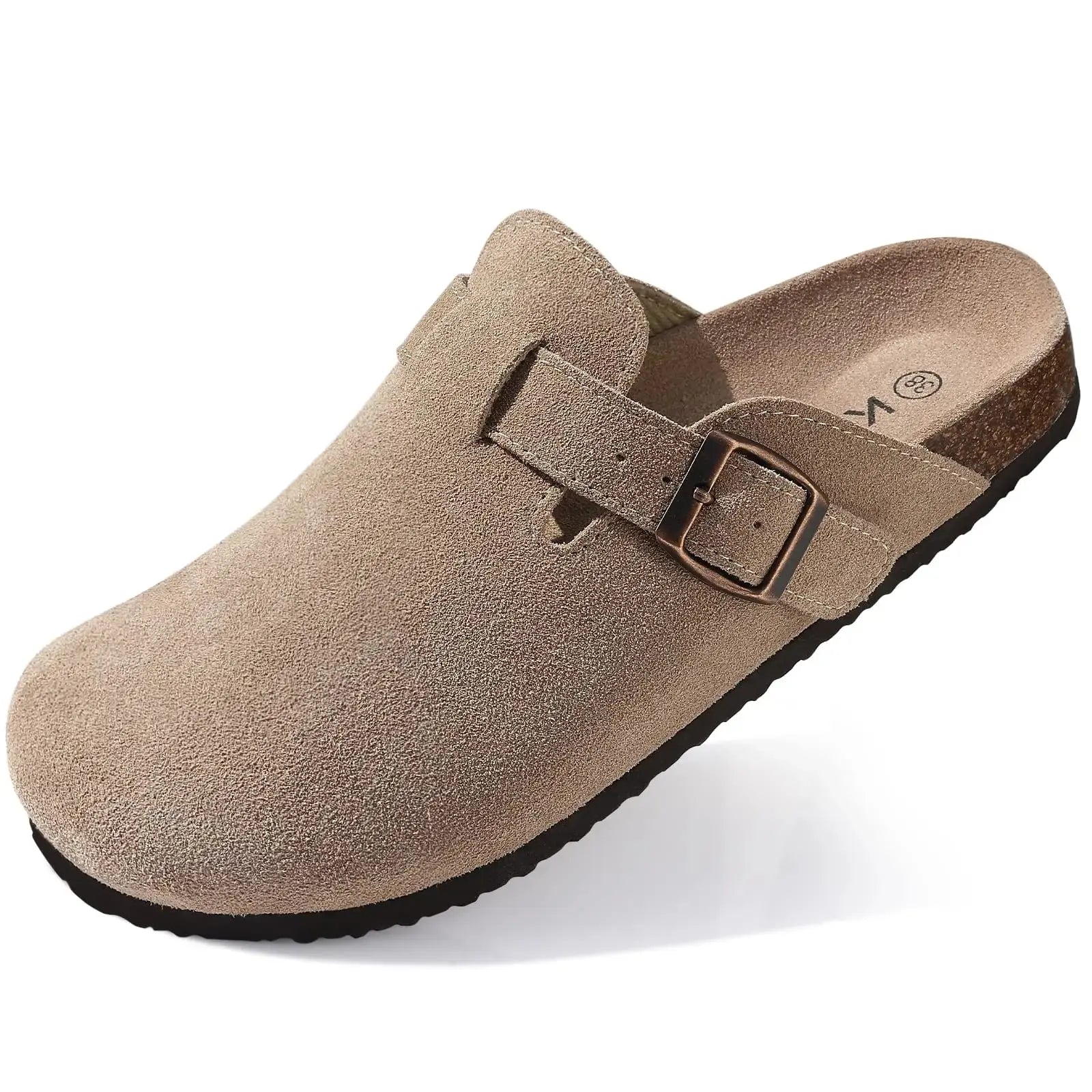 Women's classic slip-on clogs in neutral tones with cork footbed and deep heel cup support