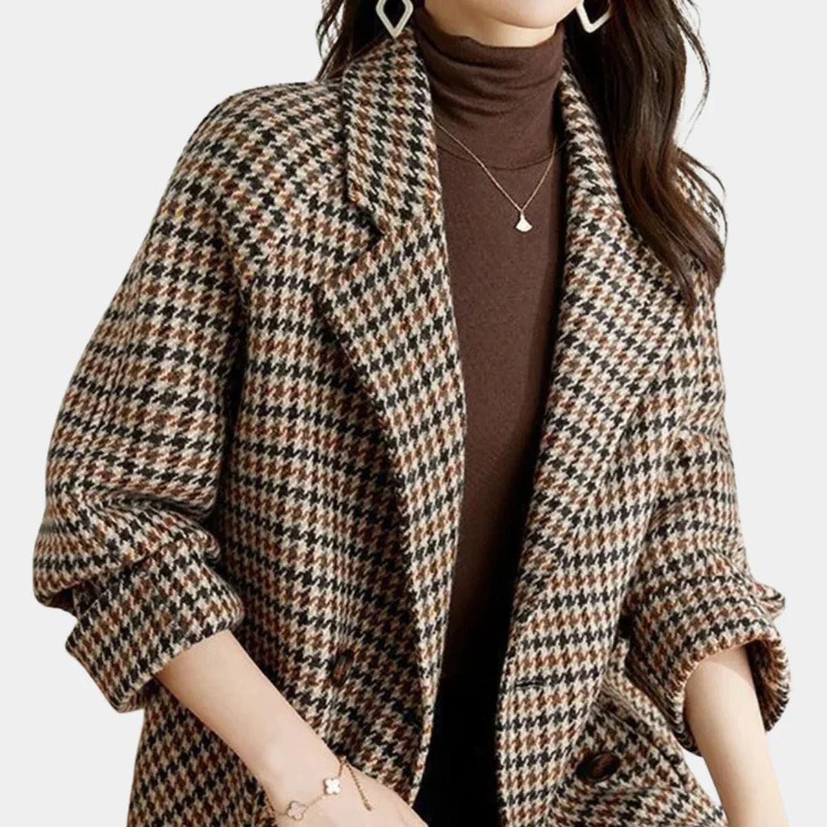 Women's vintage checked double-breasted coat in classic plaid with tailored structured silhouette