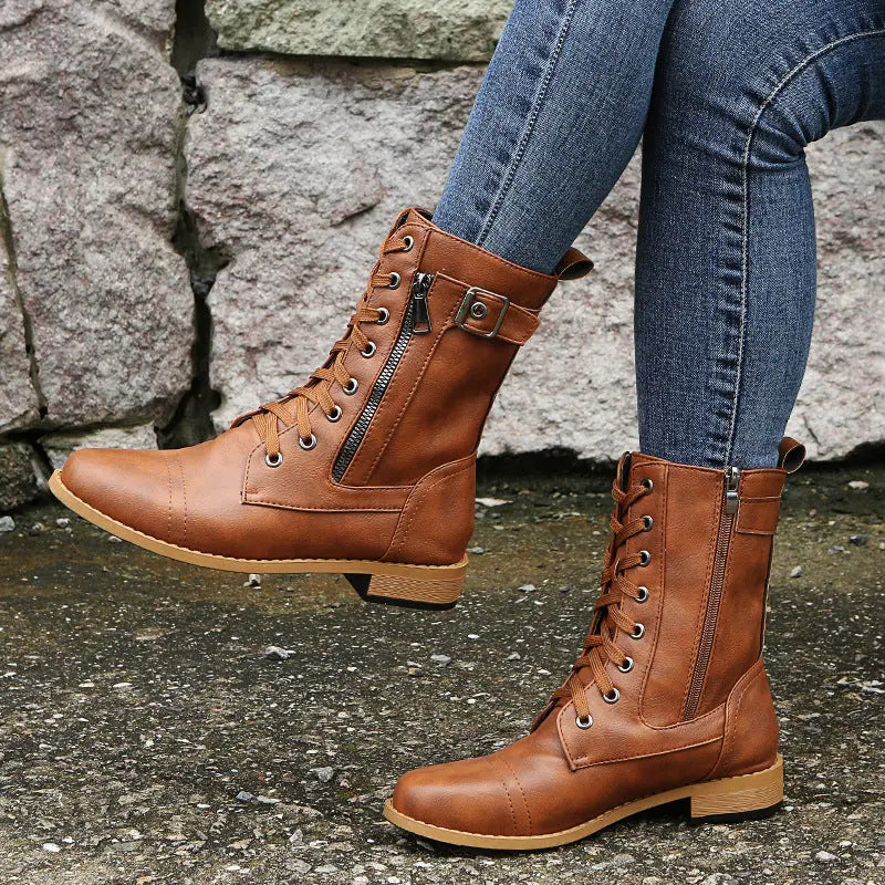 Black lace-up ankle boots women low heel synthetic leather classic British silhouette