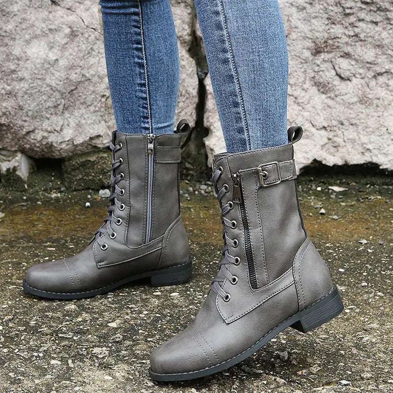 Black lace-up ankle boots women low heel synthetic leather British-inspired silhouette