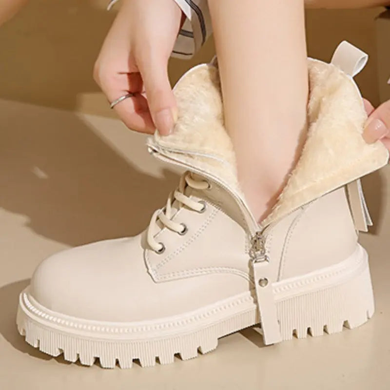 Women's beige Martin boots classic round toe silhouette with waterproof platform for all-day comfort