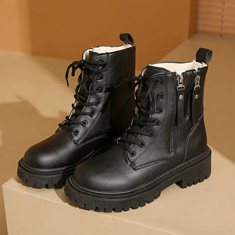Women's beige Martin boots classic round toe silhouette synthetic leather waterproof platform
