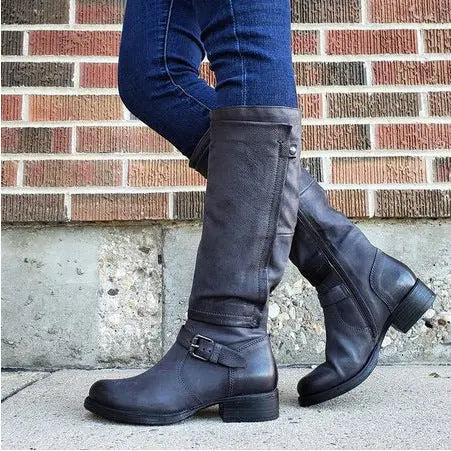 Women's black round toe knee-high boots in microfiber, timeless silhouette for everyday versatile styling
