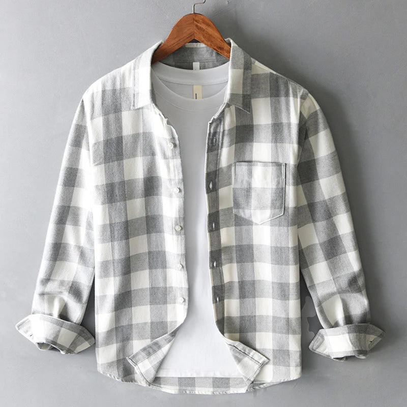Brushed cotton flannel check shirt in vintage plaid pattern, relaxed fit with warm soft texture