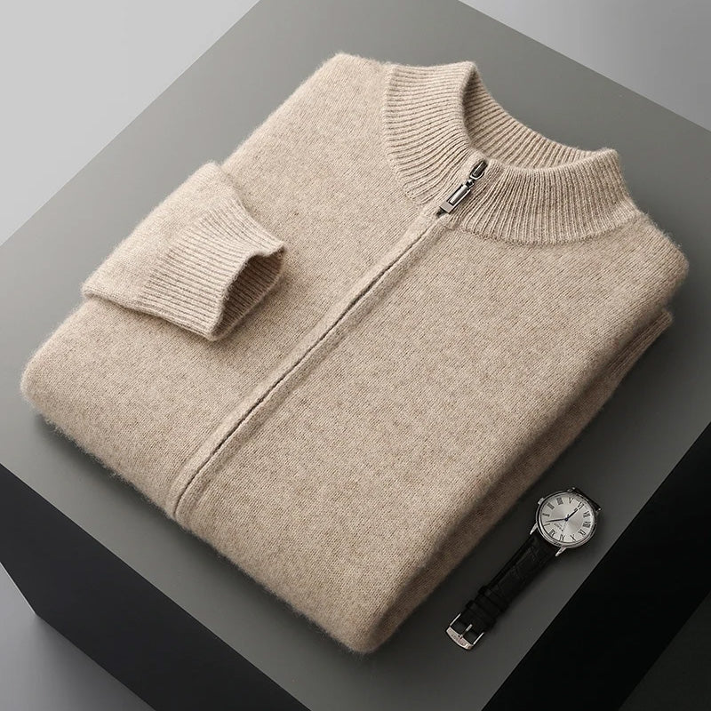 Men's cashmere wool zip cardigan premium lightweight knit for autumn winter warmth in neutral tones