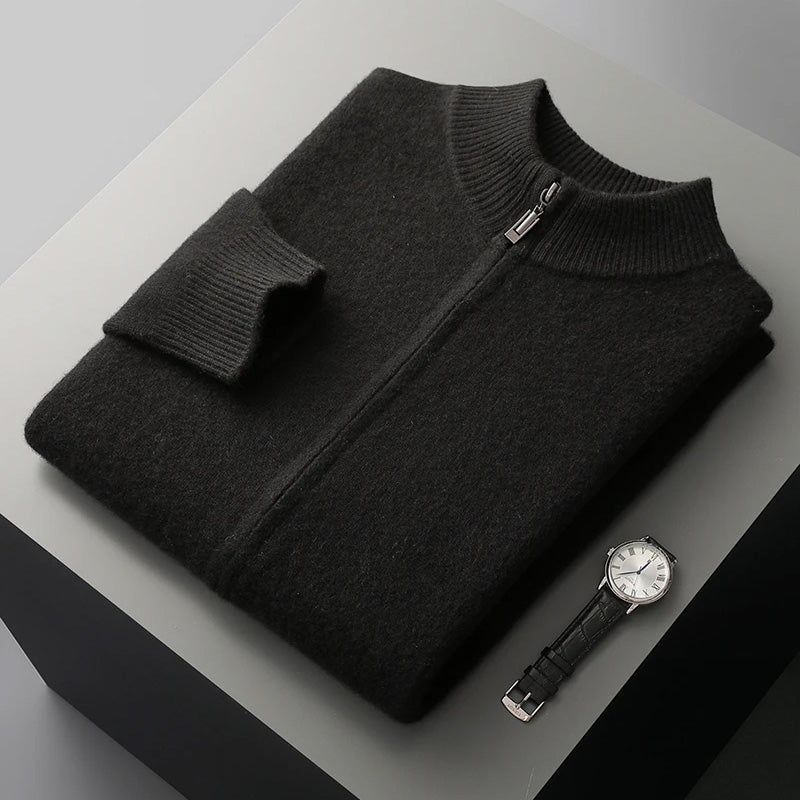Men's gray cashmere wool zipper cardigan with minimalist closure, lightweight premium blend for autumn wear