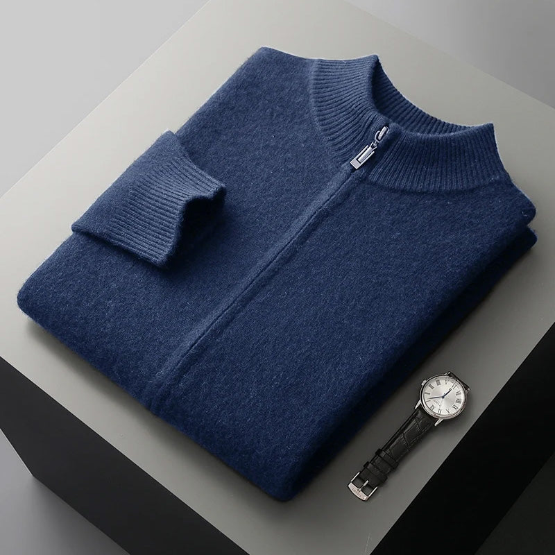 Men's gray cashmere wool zipper cardigan slim fit minimalist closure premium autumn winter layer