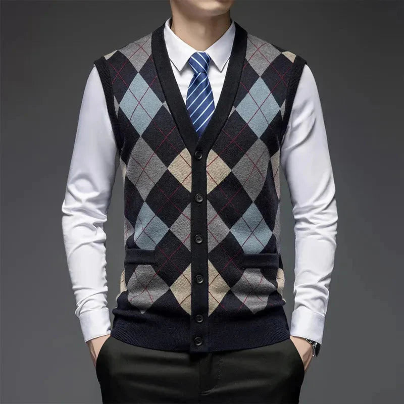 Tailored argyle diamond-knit wool vest in classic multi-tone pattern, perfect for layering