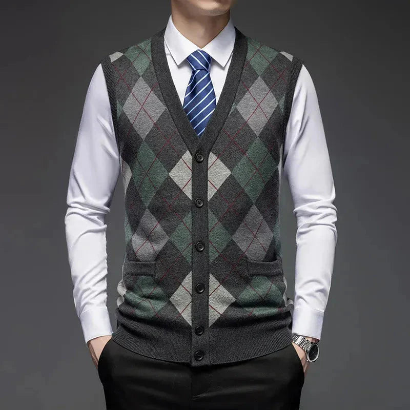 Argyle knit wool vest tailored fit diamond pattern classic layering piece for professionals