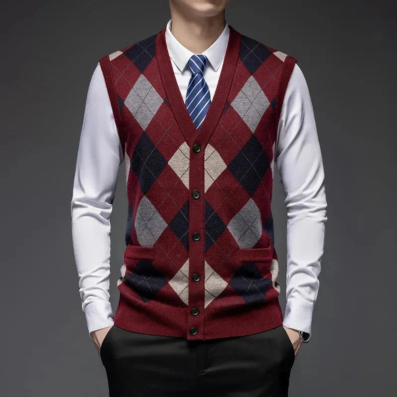 Tailored argyle diamond-knit wool vest in classic multicolor pattern, slim professional fit