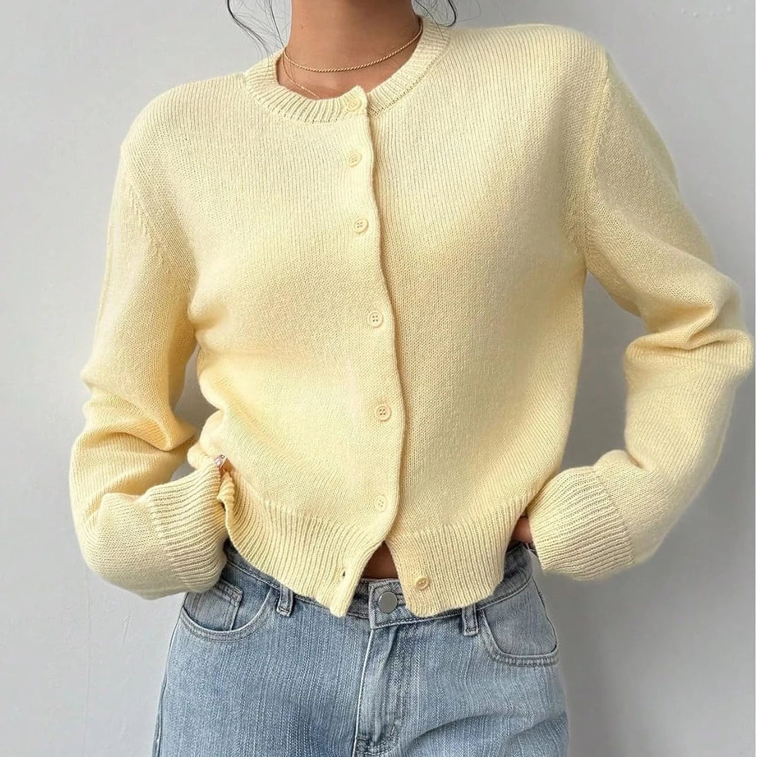 Pastel yellow women's lightweight knit cardigan with button front closure and ribbed trim
