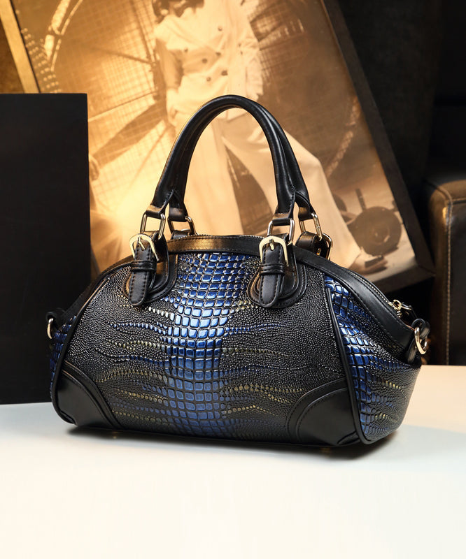 Sac fourre-tout élégant et polyvalent en cuir de veau noir et bleu - Urbann-Vibe