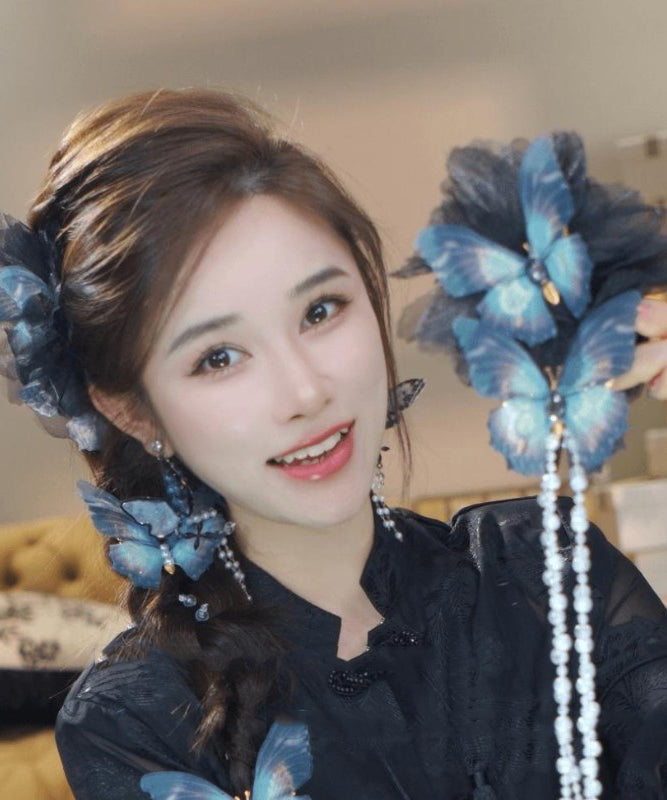 Épingle à cheveux élégante en tissu bleu zircon avec perles et pompon - Urbann-Vibe
