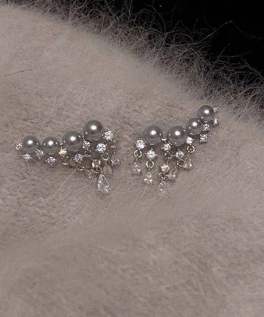 Boucles d'oreilles à pampilles en perles de zircon surdorées en cuivre gris élégant - Urbann-Vibe