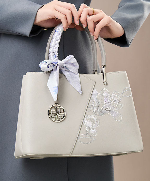 Sac fourre-tout élégant en cuir de veau gris brodé - Urbann-Vibe