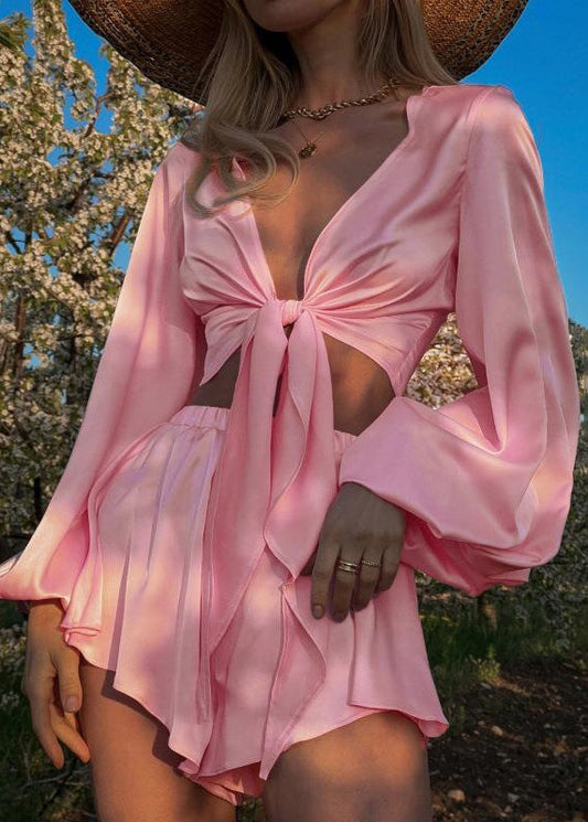 Ensemble deux pièces élégant en soie glacée rose à lacets pour l'été - Urbann-Vibe