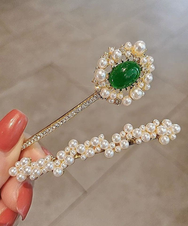 Ensemble élégant de deux épingles à cheveux en cuivre blanc surdoré, zircon, perle et émeraude - Urbann-Vibe