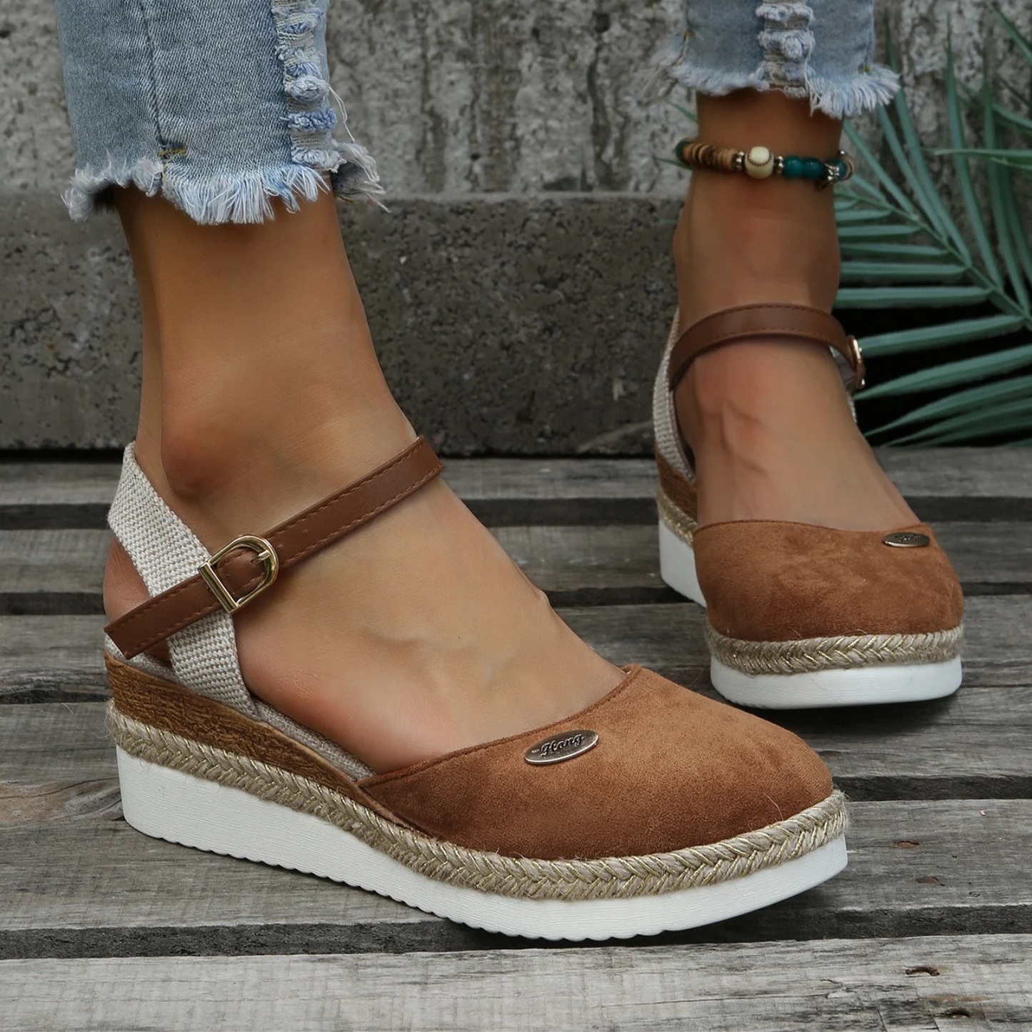 Women's closed-toe espadrille wedge sandals with adjustable slingback buckle, casual summer style