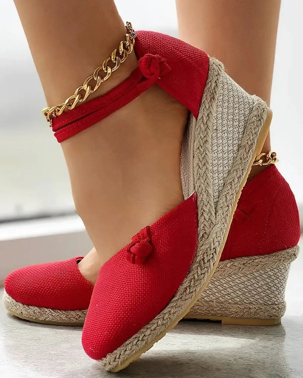 Women's closed toe wedge espadrilles with ankle strap, braided jute sole, chic summer style