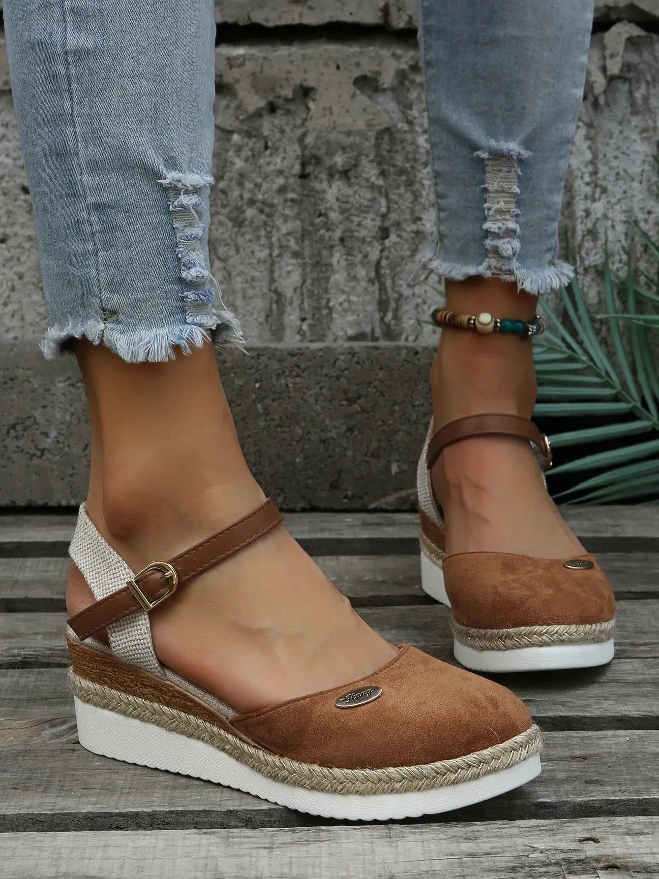Women's closed toe espadrille wedge sandals with ankle strap buckle, chic coastal summer style
