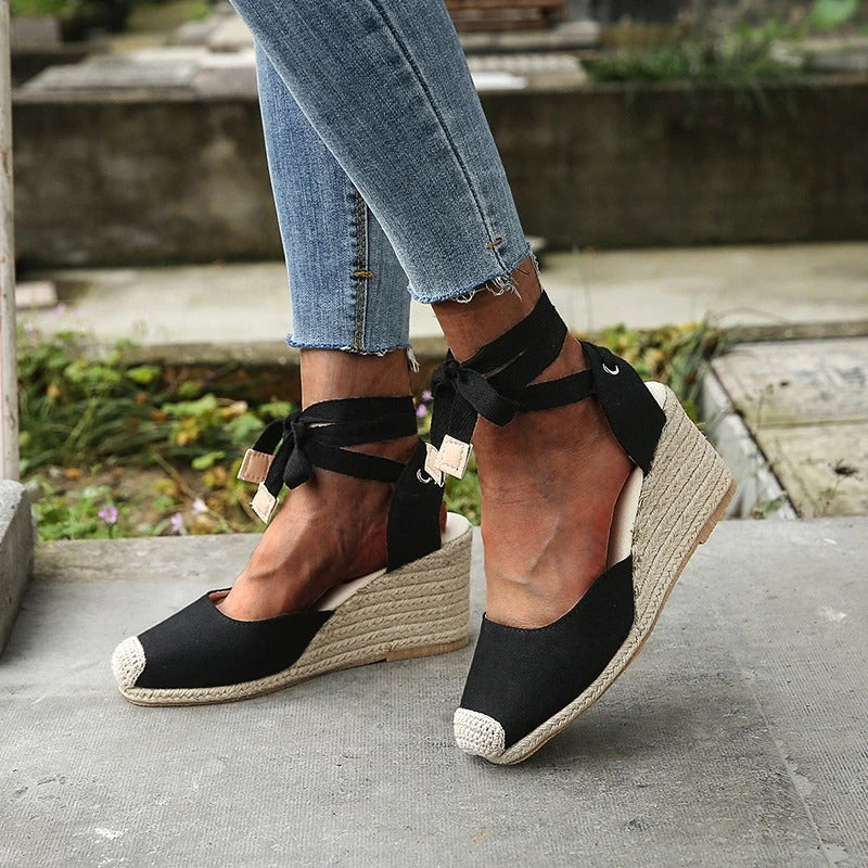 Women's closed-toe canvas wedge sandals with braided jute heel in white, black, casual summer style