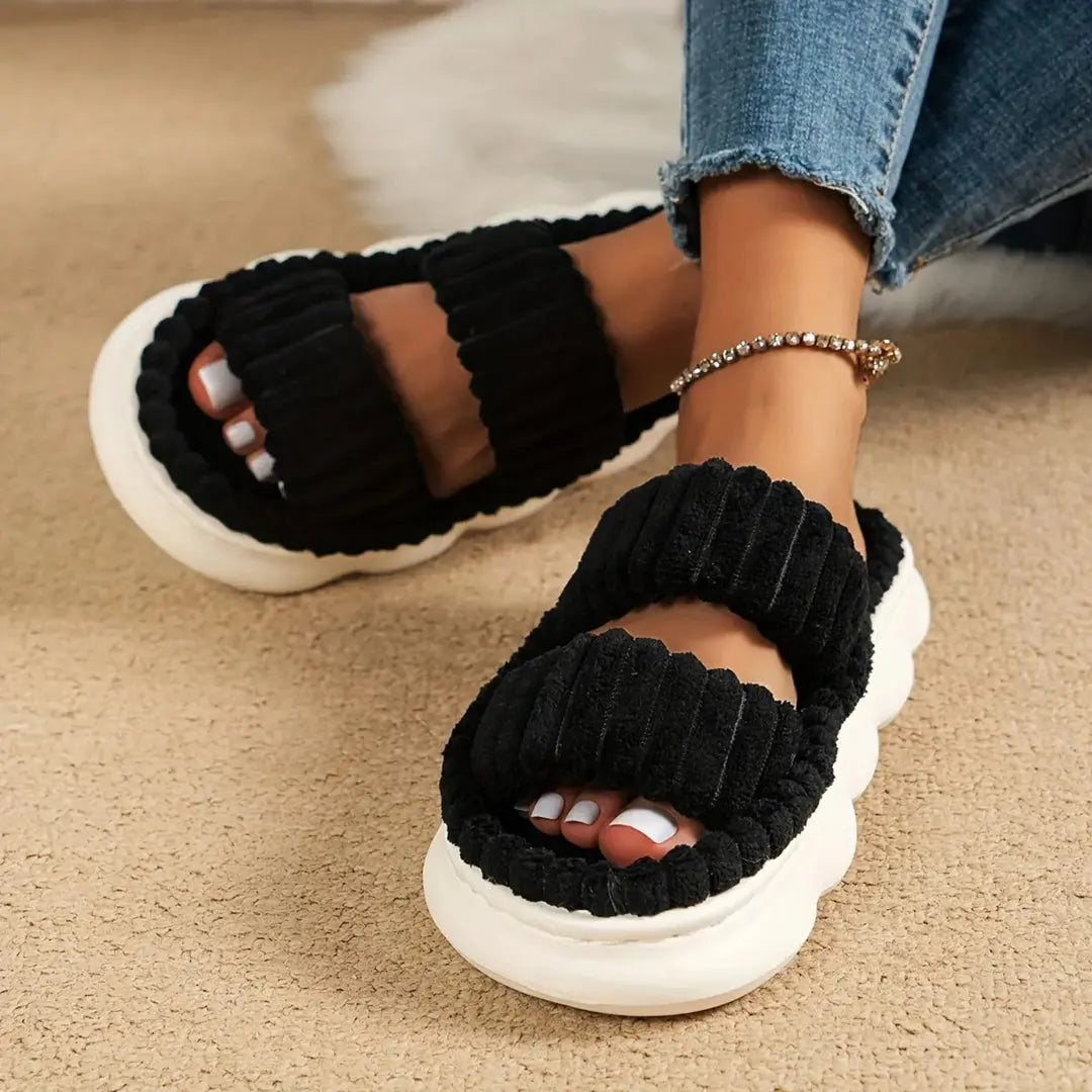 Cloud corduroy indoor slides with double thick ribbed straps and ultra-plush EVA sole for lounging