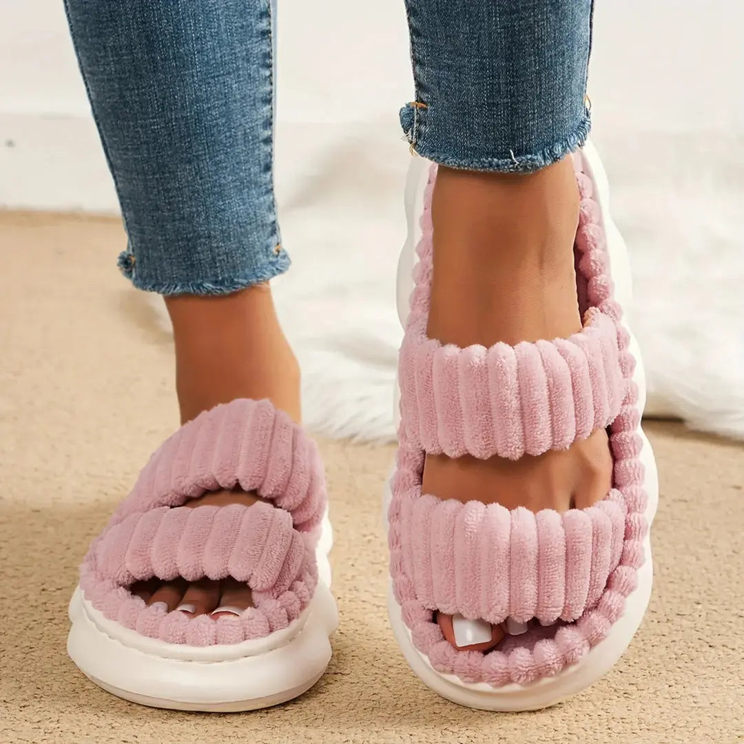 Cloud corduroy indoor slides with double thick ribbed straps and ultra-plush EVA sole for lounging
