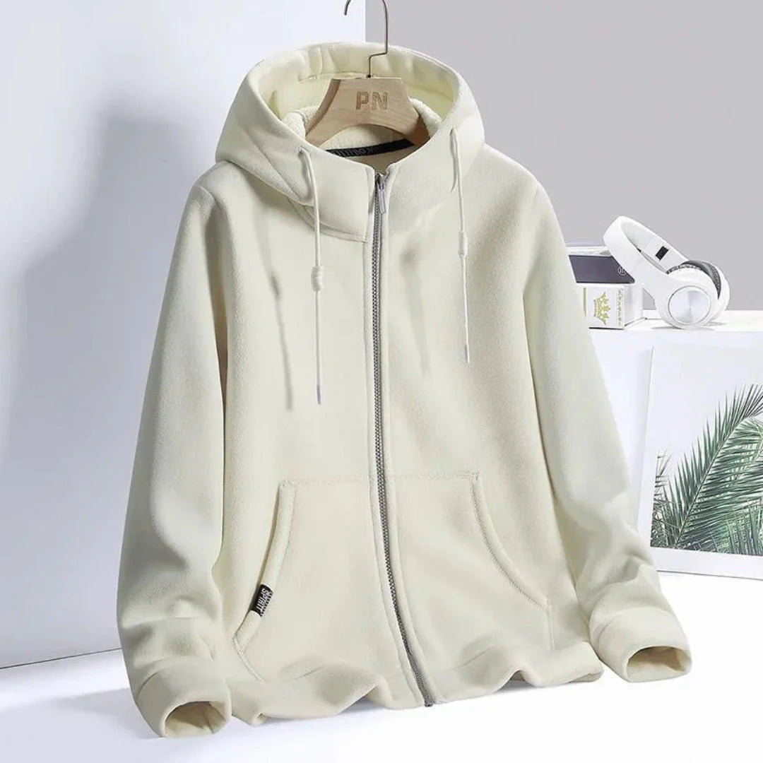Cloud ultra-soft fleece full-zip hoodie in neutral tones with adjustable hood for cozy layering