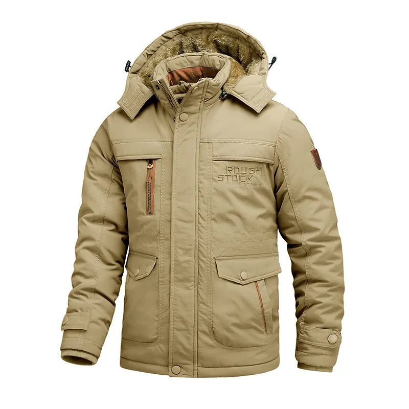 Men's waterproof tactical winter jacket with detachable hood, thermal lining, rugged outdoor fit