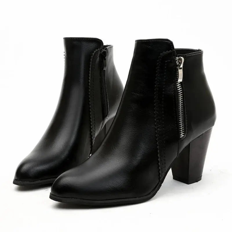 Women's brown coarse heel boots retro side zipper non-slip sole stylish autumn fashion
