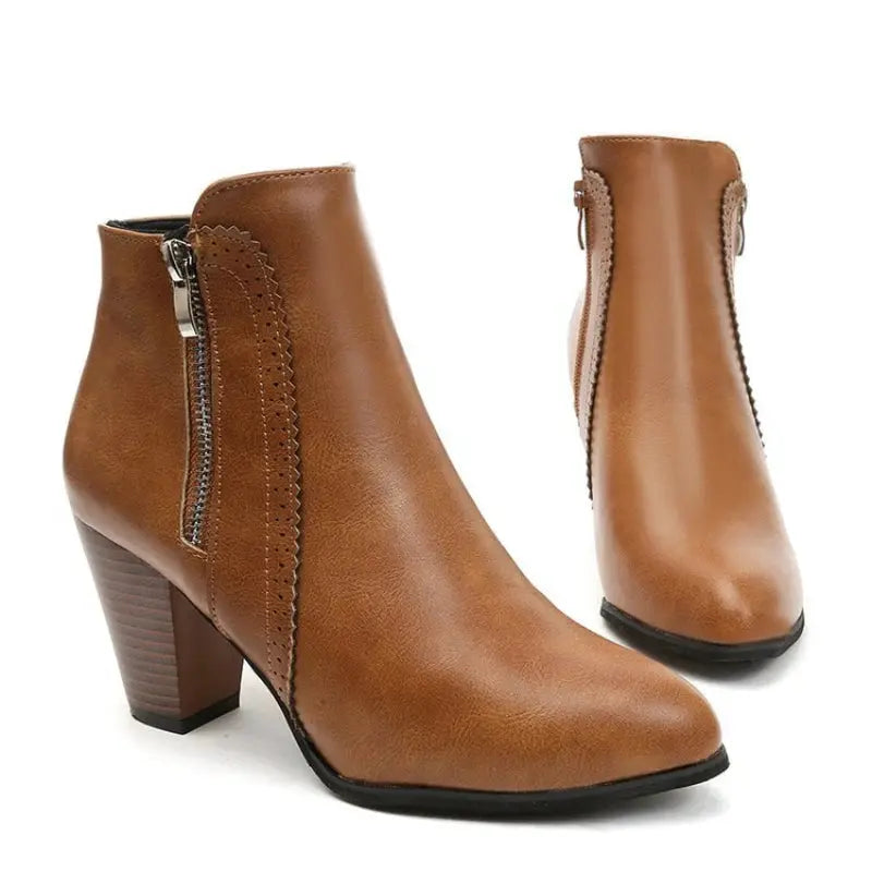 Women's coarse heel boots with retro side zipper, non-slip sole, fall fashion style
