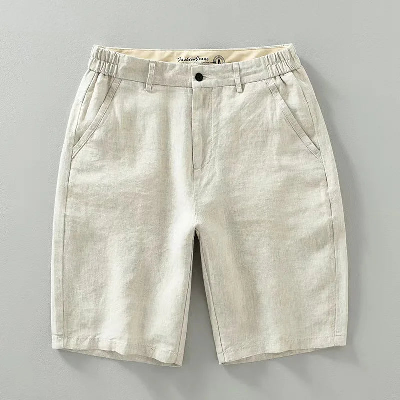 Men's beige linen-cotton blend relaxed fit shorts with stretch waistband, lightweight coastal style