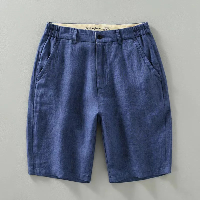 Men's light beige linen-cotton blend relaxed fit shorts with stretch waistband button closure