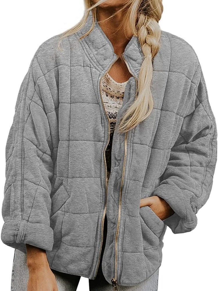 Slim fit quilted jacket unisex hip-length warm casual outerwear with secure pockets wind resistant