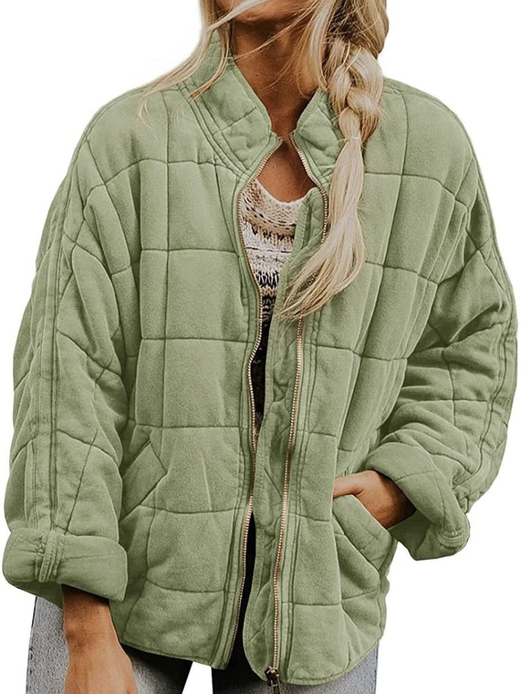 Slim fit quilted jacket men women hip-length warm casual outerwear wind resistant pockets