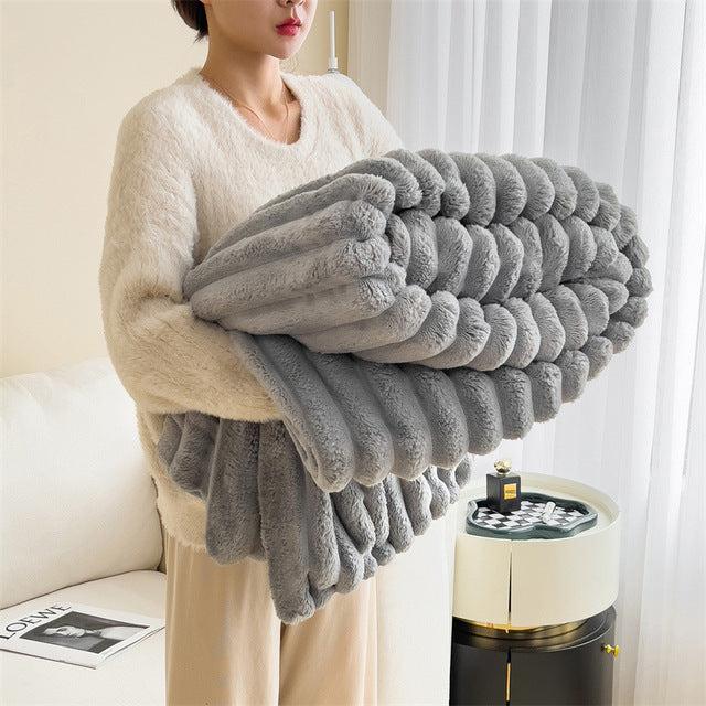 Beige plush faux fur throw blanket ultra-soft cozy texture modern contemporary home decor accent