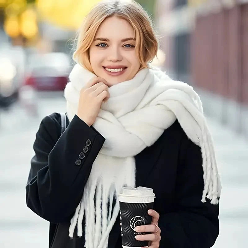 Women's soft pashmina scarf in solid color with long fringed edges, ultra-warm winter wrap accessory