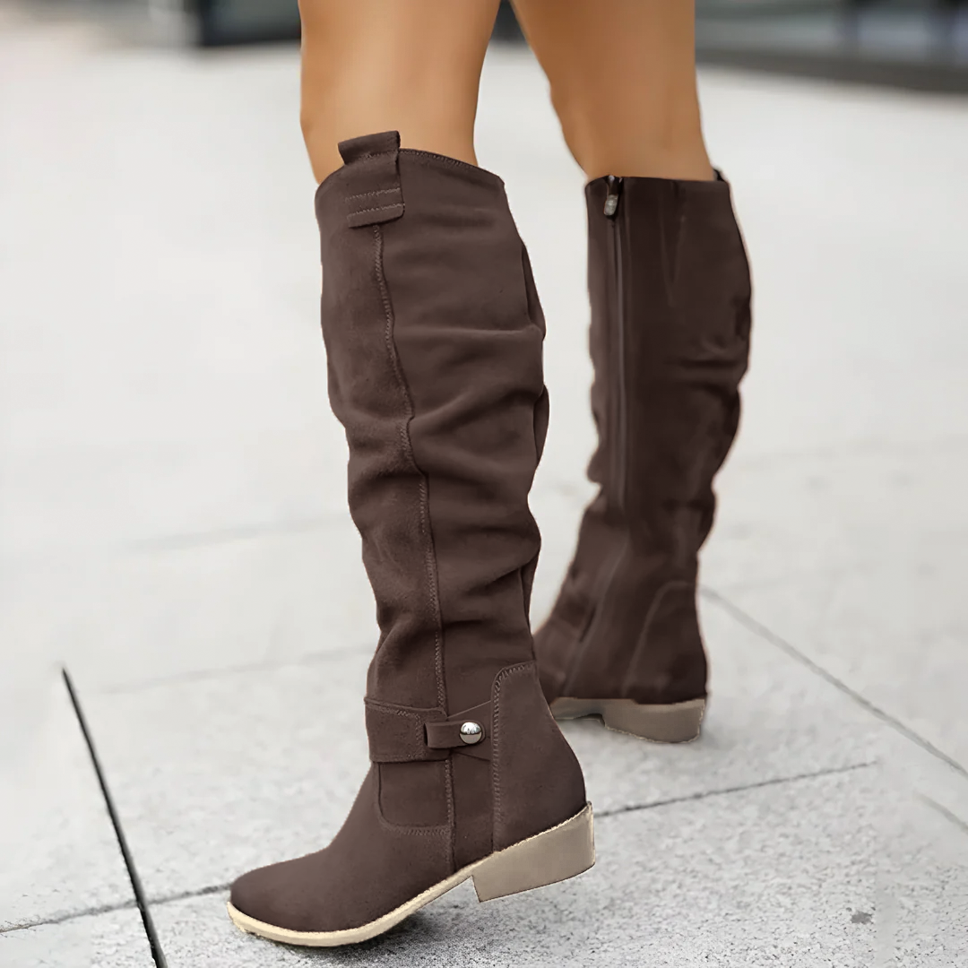 Sadie brown suede knee-high boots for women with cushioned insole and sleek timeless silhouette