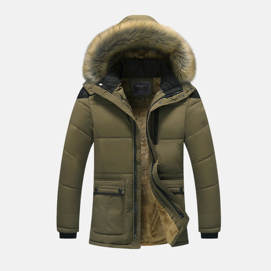 Beige quilted men's mid-length parka with faux fur lined detachable hood by Urbann Vibe
