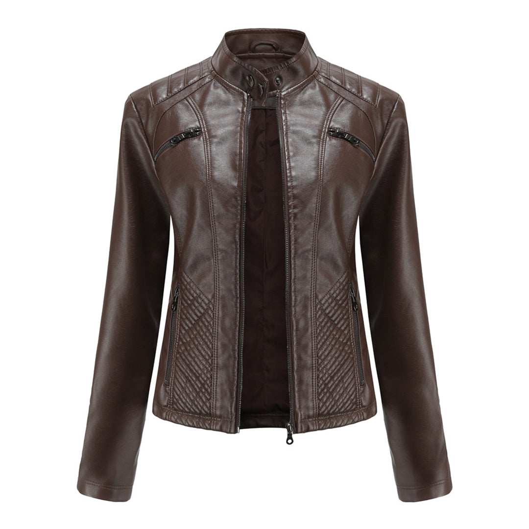 Women's black faux leather biker jacket with classic zip-up closure and flattering edgy silhouette