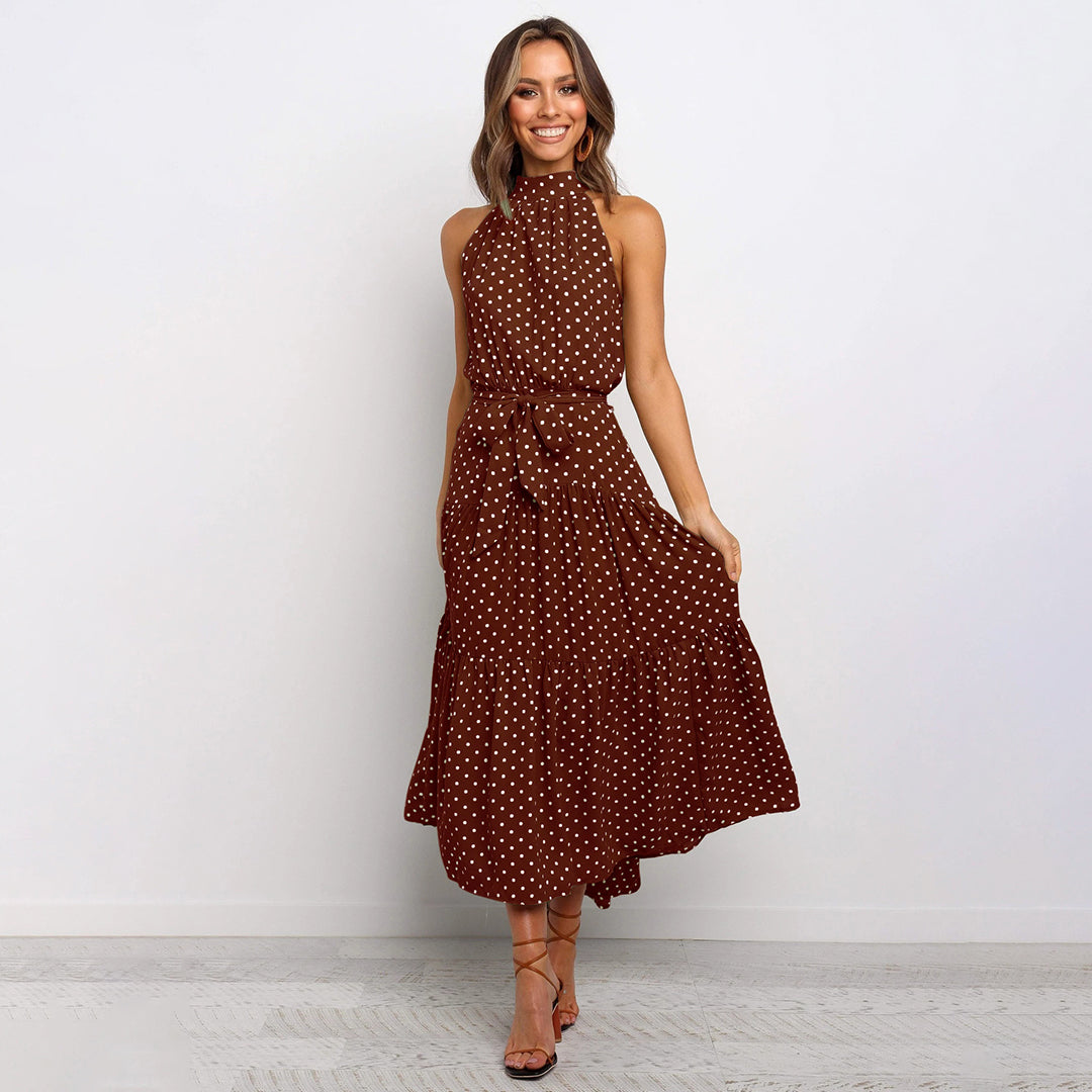 Women's halterneck A-line dress with waistband, sleeveless lightweight vacation style