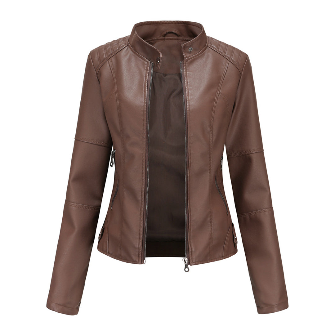 Women's black stand collar biker jacket tailored fit with front zip closure edgy structured silhouette
