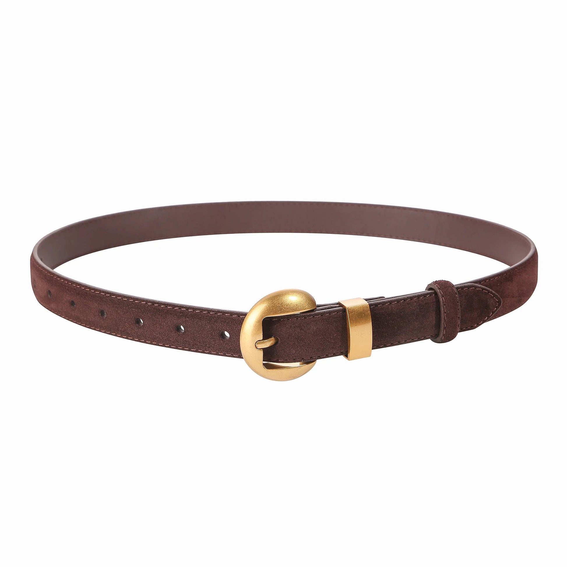 Women's brown suede cinch belt full-grain leather with brushed gold oval buckle, denim style