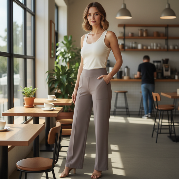 Julie wide leg high rise trousers, sleek front panel, polished professional style for office and travel