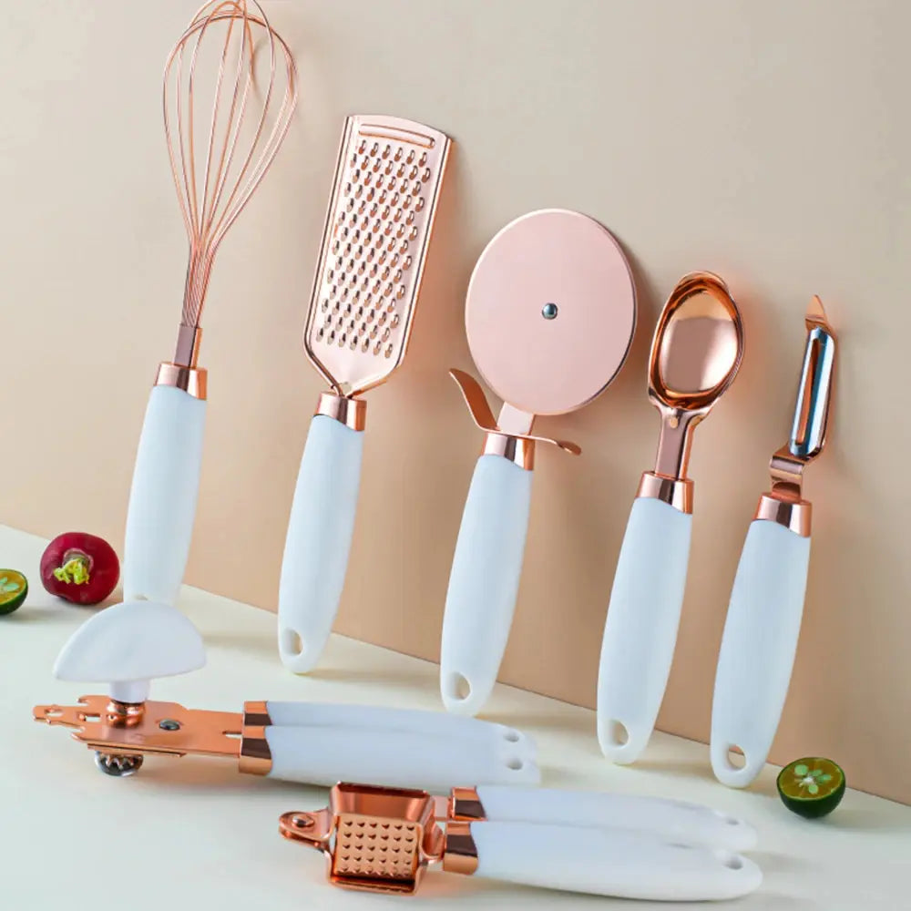 Copper and black 7-piece kitchen utensil set with ergonomic handles for precise home cooking