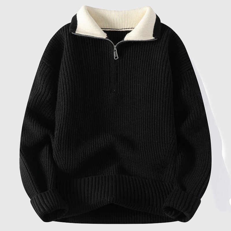 Navy and cream colorblock ribbed polo sweater with elegant collar for office professionals