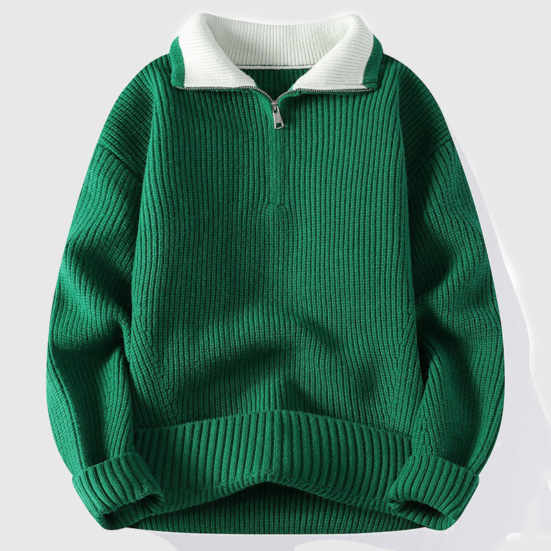 Navy blue colorblock ribbed polo sweater with elegant collar, office-ready refined winter style