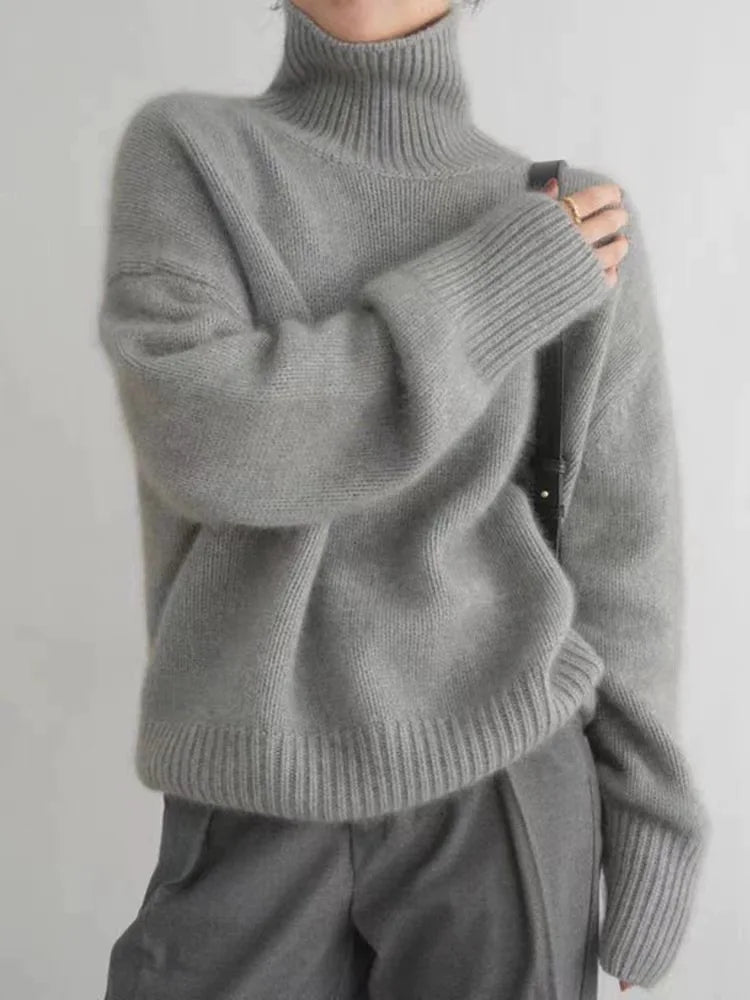Women's Elora beige turtleneck sweater cozy soft knit flattering fit timeless elegant silhouette