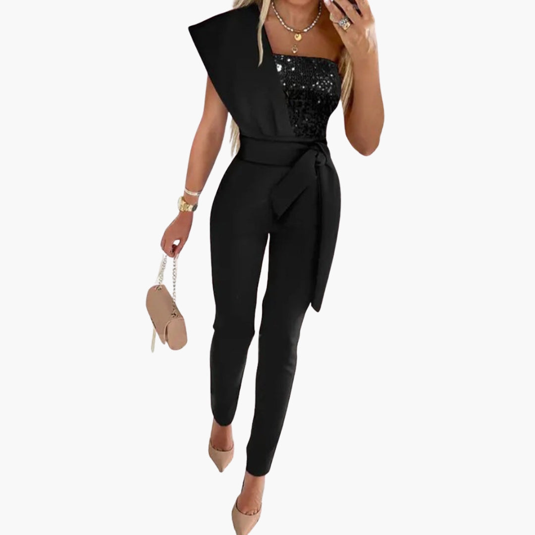 Women's gold sequin one-shoulder jumpsuit with wide belt and tapered legs for glamorous evenings