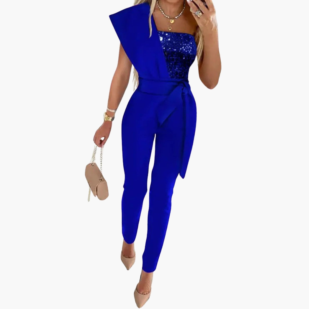 Women's silver sequin one-shoulder jumpsuit with wide belt and tapered legs for glamorous evenings
